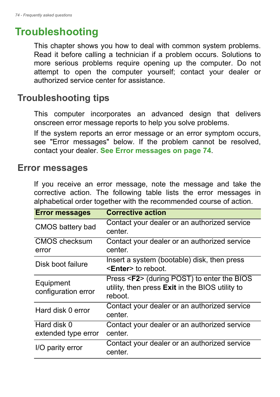 Troubleshooting, Troubleshooting tips, Error messages | Frequently asked questions, Troubleshooting tips error messages, Requently | Acer Aspire E1-530 User Manual | Page 74 / 87