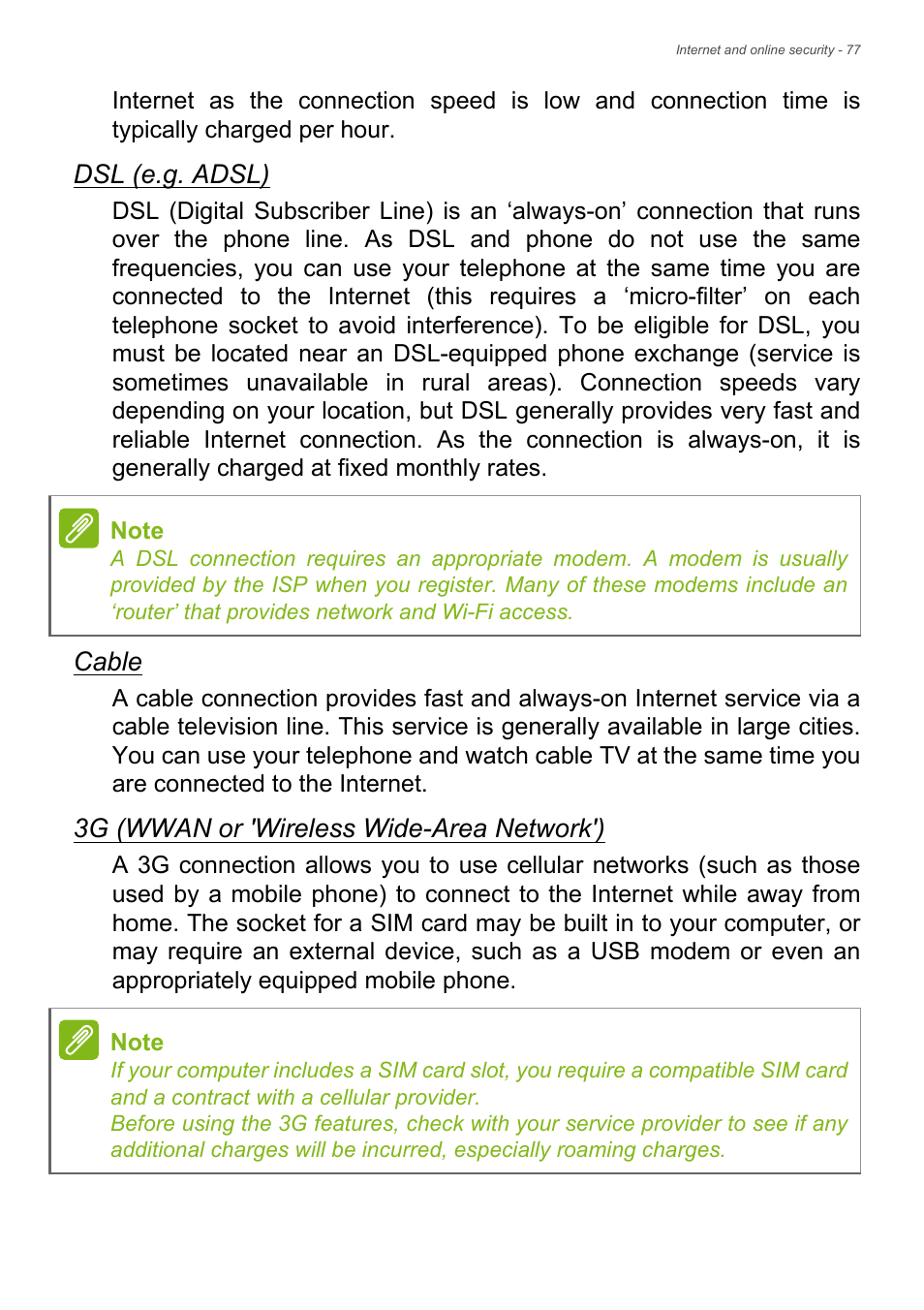 Dsl (e.g. adsl), Cable, 3g (wwan or 'wireless wide-area network') | Acer Aspire E1-530 User Manual | Page 77 / 87