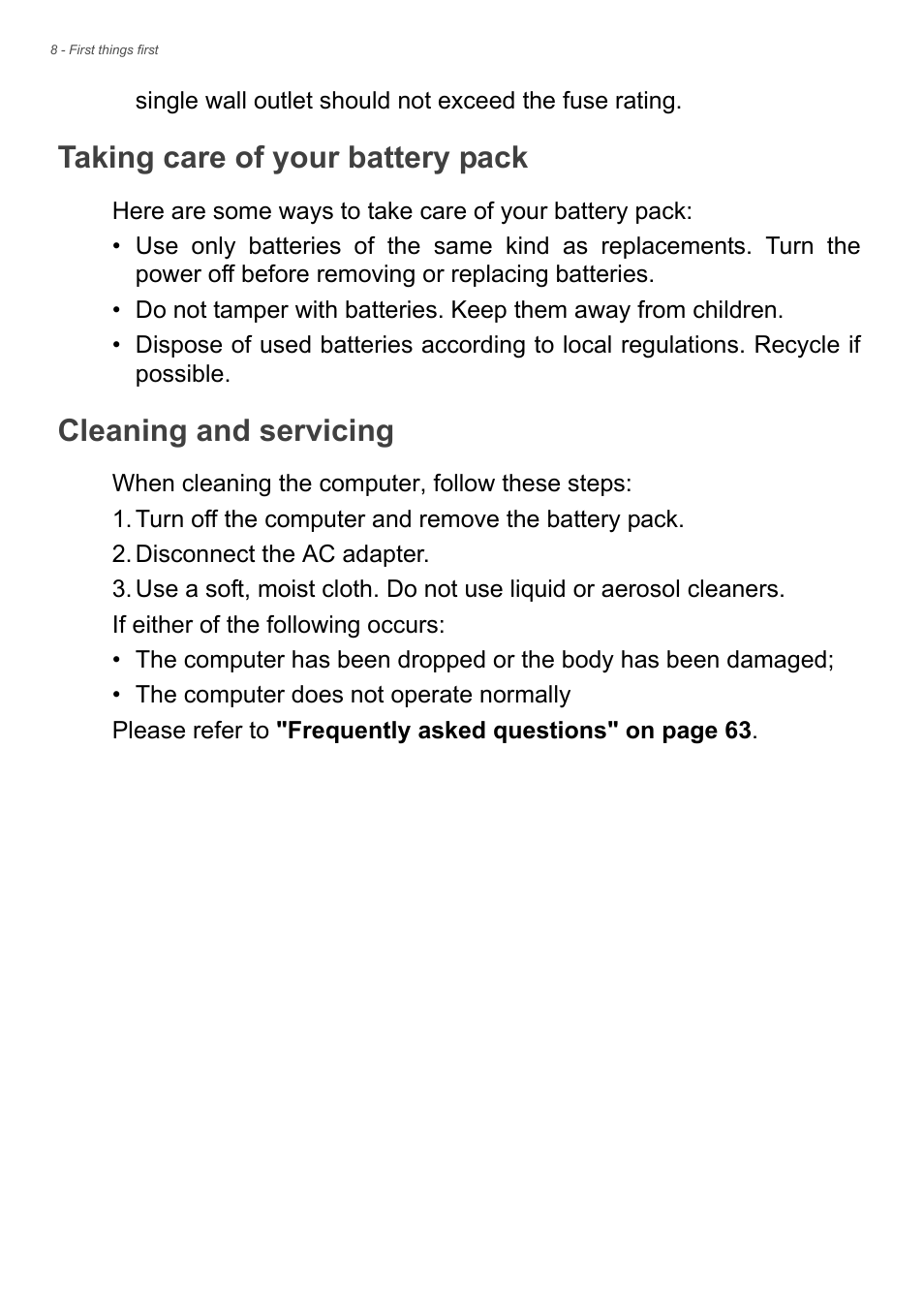 Taking care of your battery pack, Cleaning and servicing | Acer Aspire E1-530 User Manual | Page 8 / 87