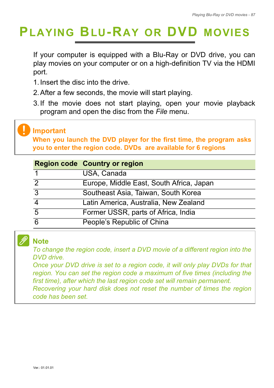 Playing blu-ray or dvd movies, Laying, Movies | Acer Aspire E1-530 User Manual | Page 87 / 87