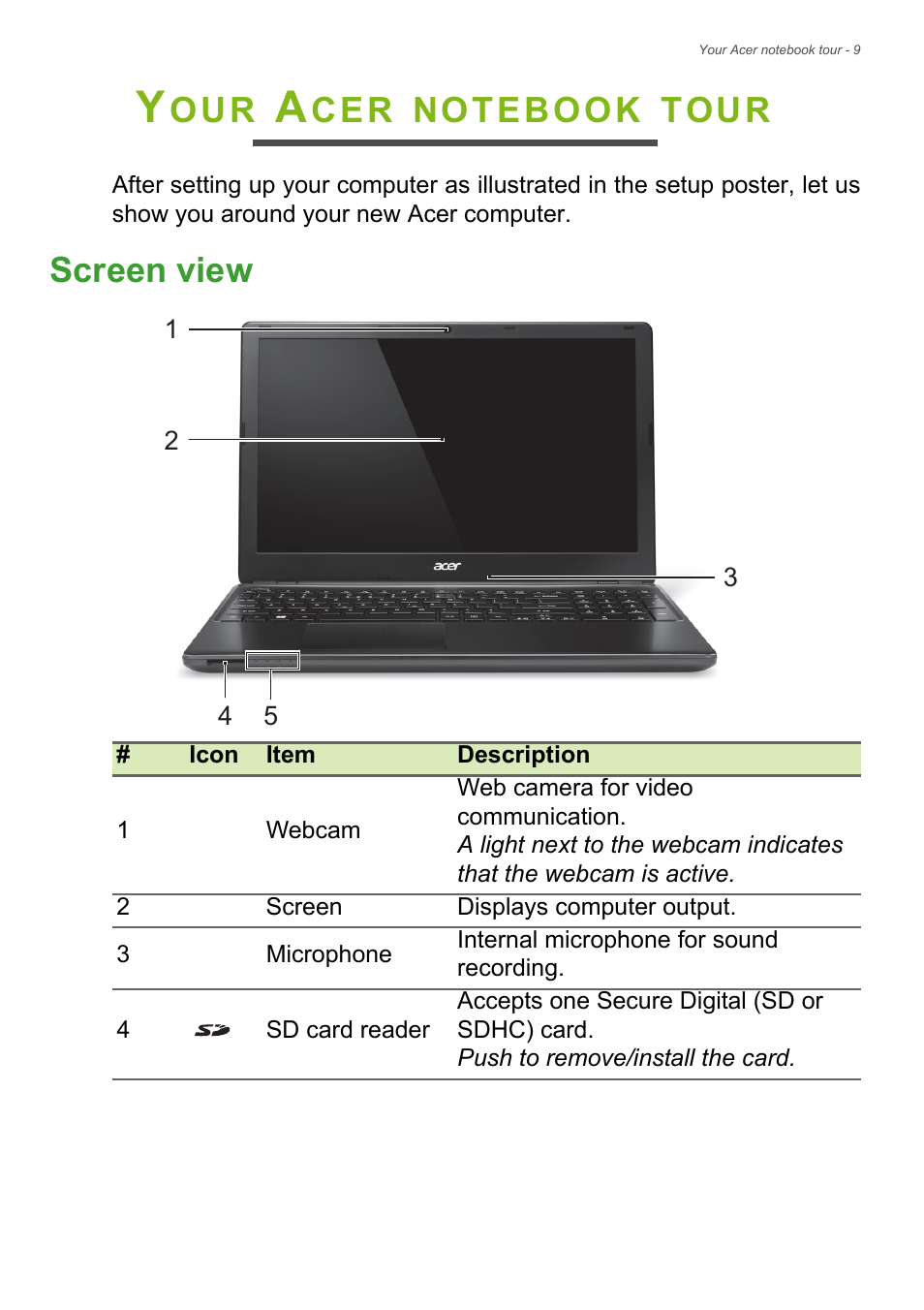 Your acer notebook tour, Screen view, Tour | Acer Aspire E1-530 User Manual | Page 9 / 87