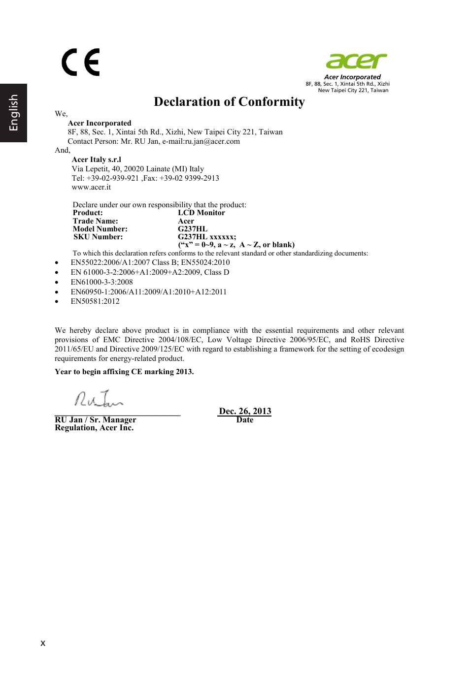 Declaration of conformity, English | Acer G227HQL User Manual | Page 10 / 31