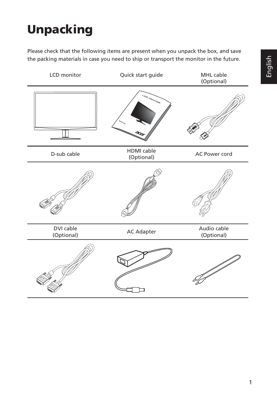 Unpacking 1, Unpacking | Acer G227HQL User Manual | Page 15 / 31