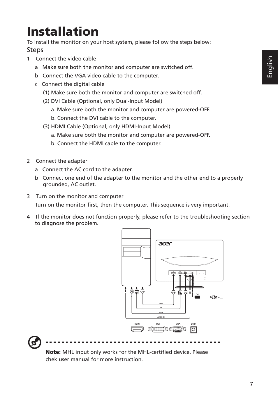 Installation 7, Installation, English | Steps | Acer G227HQL User Manual | Page 21 / 31