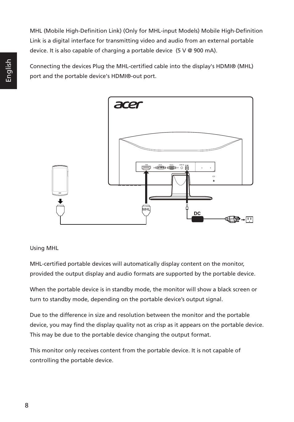 Mhl (mobile high-definition link), English | Acer G227HQL User Manual | Page 22 / 31