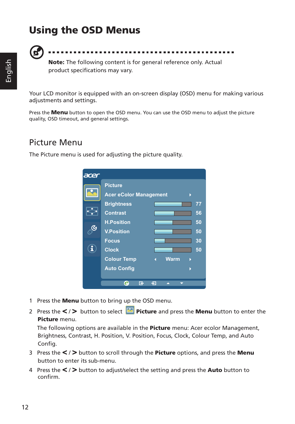Using the osd menus, Picture menu | Acer G227HQL User Manual | Page 26 / 31