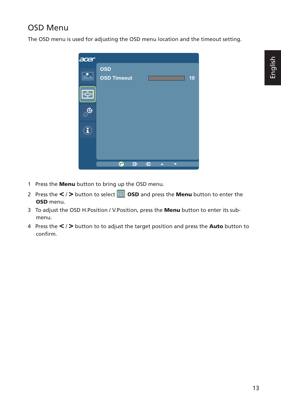 Osd menu | Acer G227HQL User Manual | Page 27 / 31