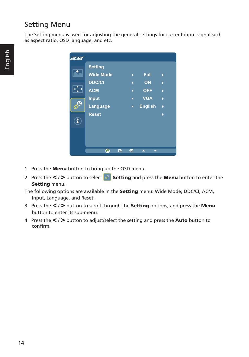 Setting menu | Acer G227HQL User Manual | Page 28 / 31