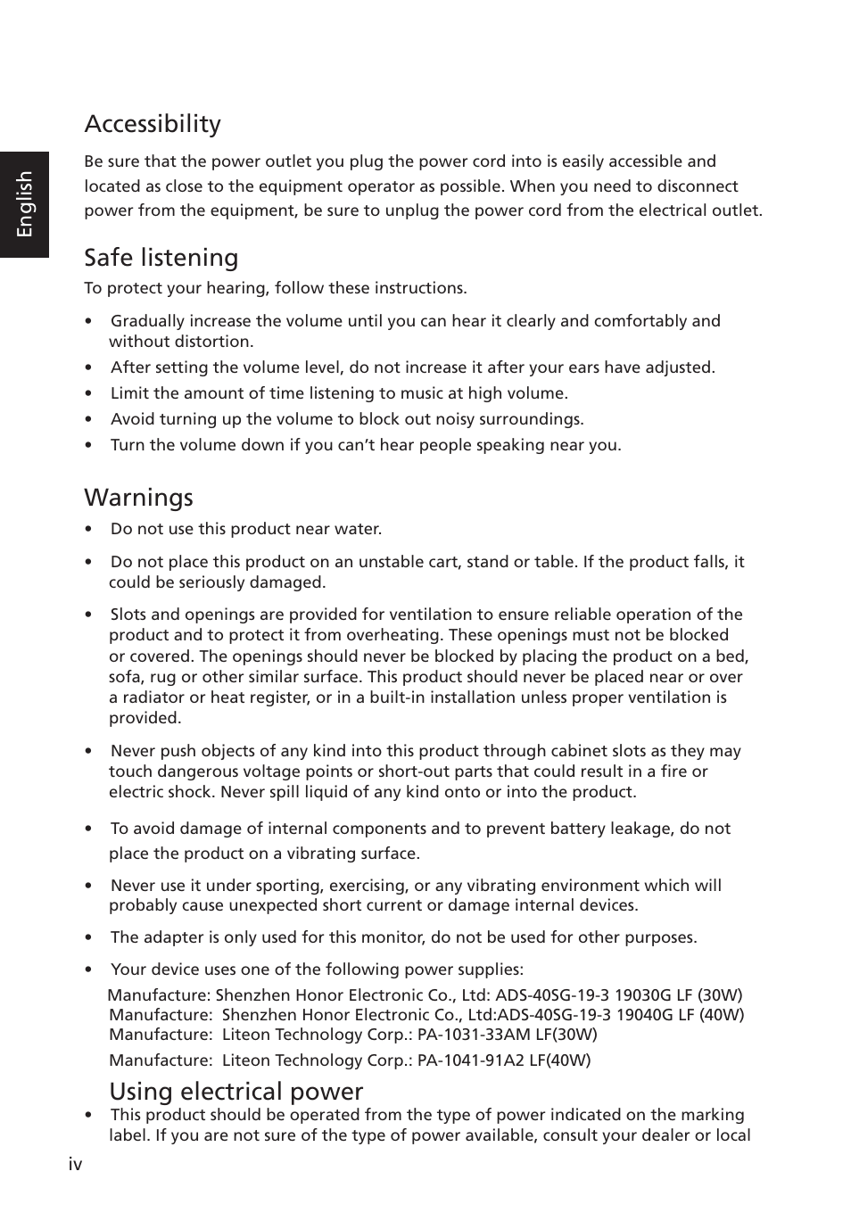 Accessibility, Safe listening, Warnings | Using electrical power | Acer G227HQL User Manual | Page 4 / 31