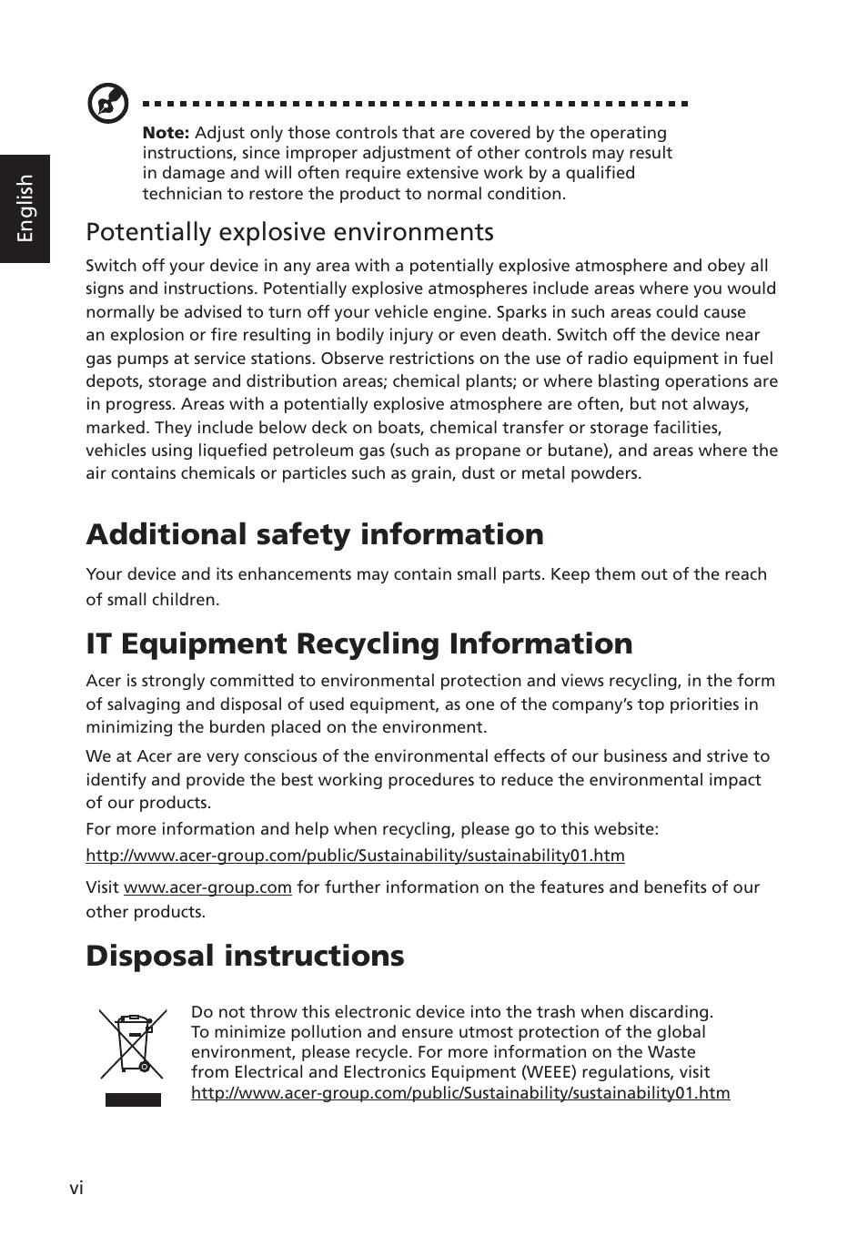 Additional safety information, It equipment recycling information, Disposal instructions | Potentially explosive environments | Acer G227HQL User Manual | Page 6 / 31