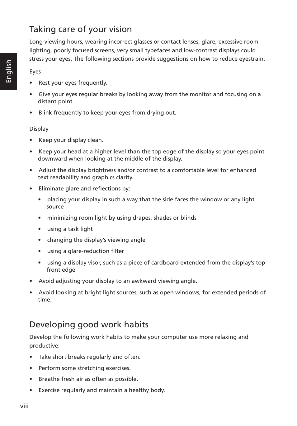 Taking care of your vision, Developing good work habits, English | Acer G227HQL User Manual | Page 8 / 31