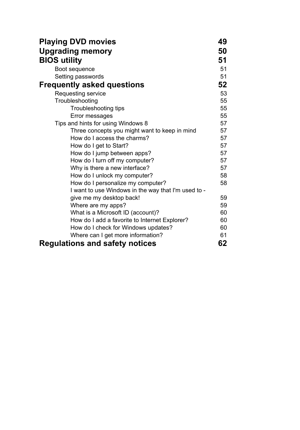Frequently asked questions 52, Regulations and safety notices 62 | Acer TravelMate P273-M User Manual | Page 18 / 85
