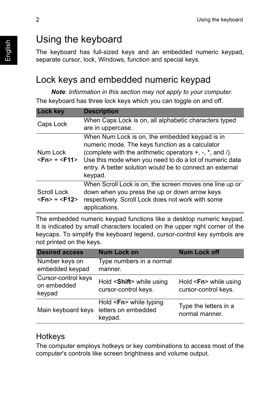 Using the keyboard, Lock keys and embedded numeric keypad, Hotkeys | Acer TravelMate P273-M User Manual | Page 20 / 85