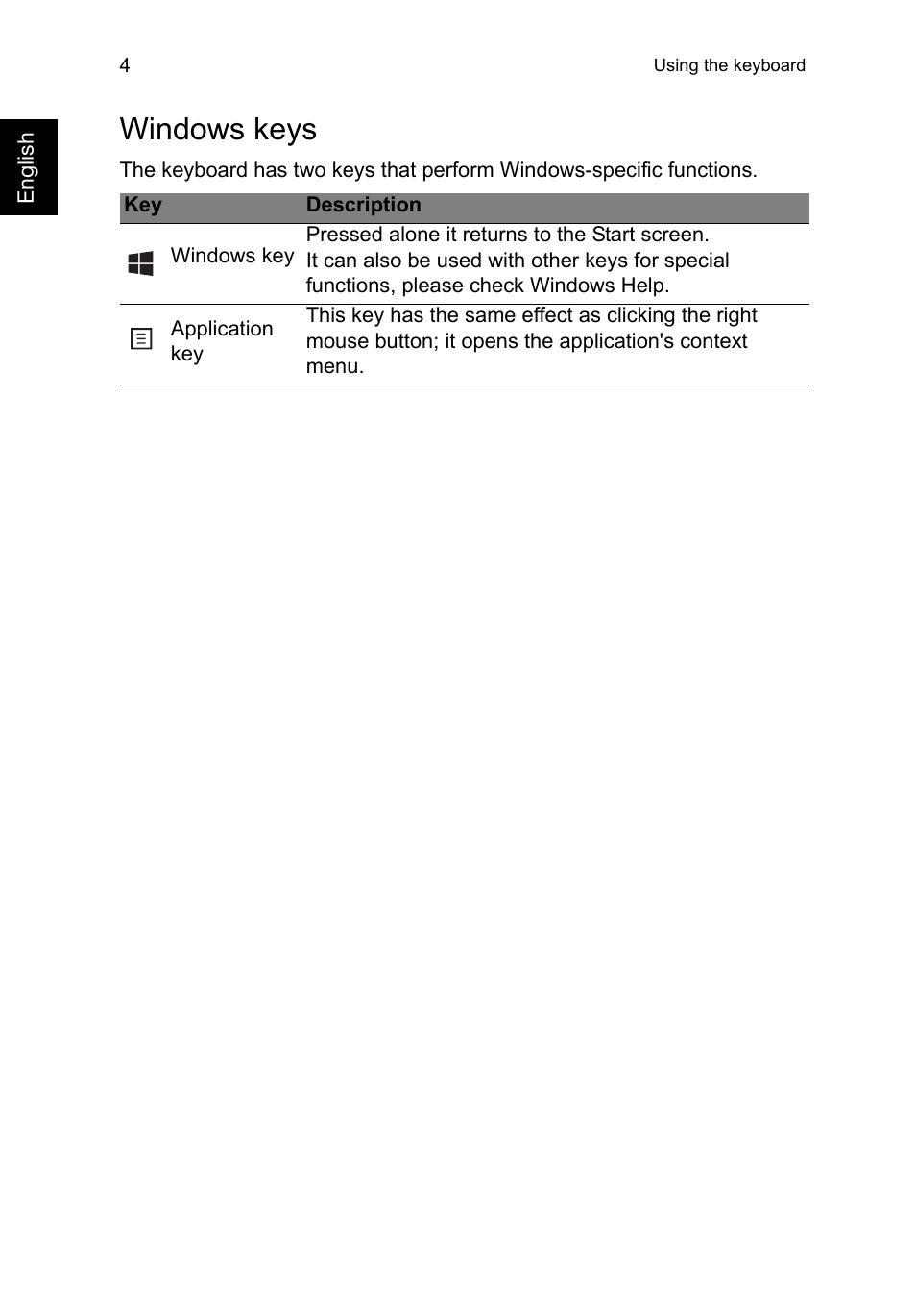 Windows keys | Acer TravelMate P273-M User Manual | Page 22 / 85