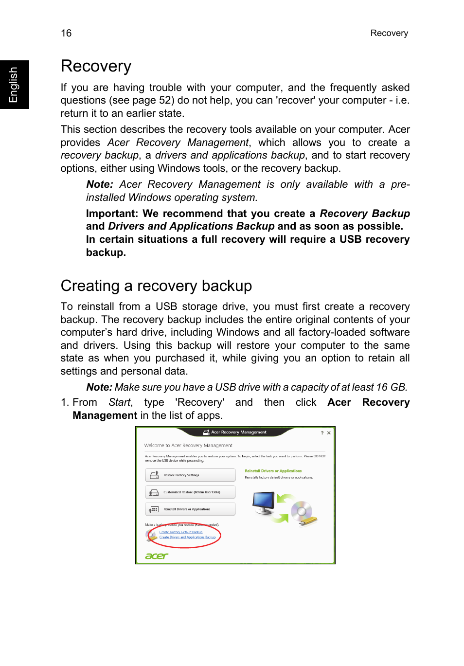 Recovery, Creating a recovery backup | Acer TravelMate P273-M User Manual | Page 34 / 85