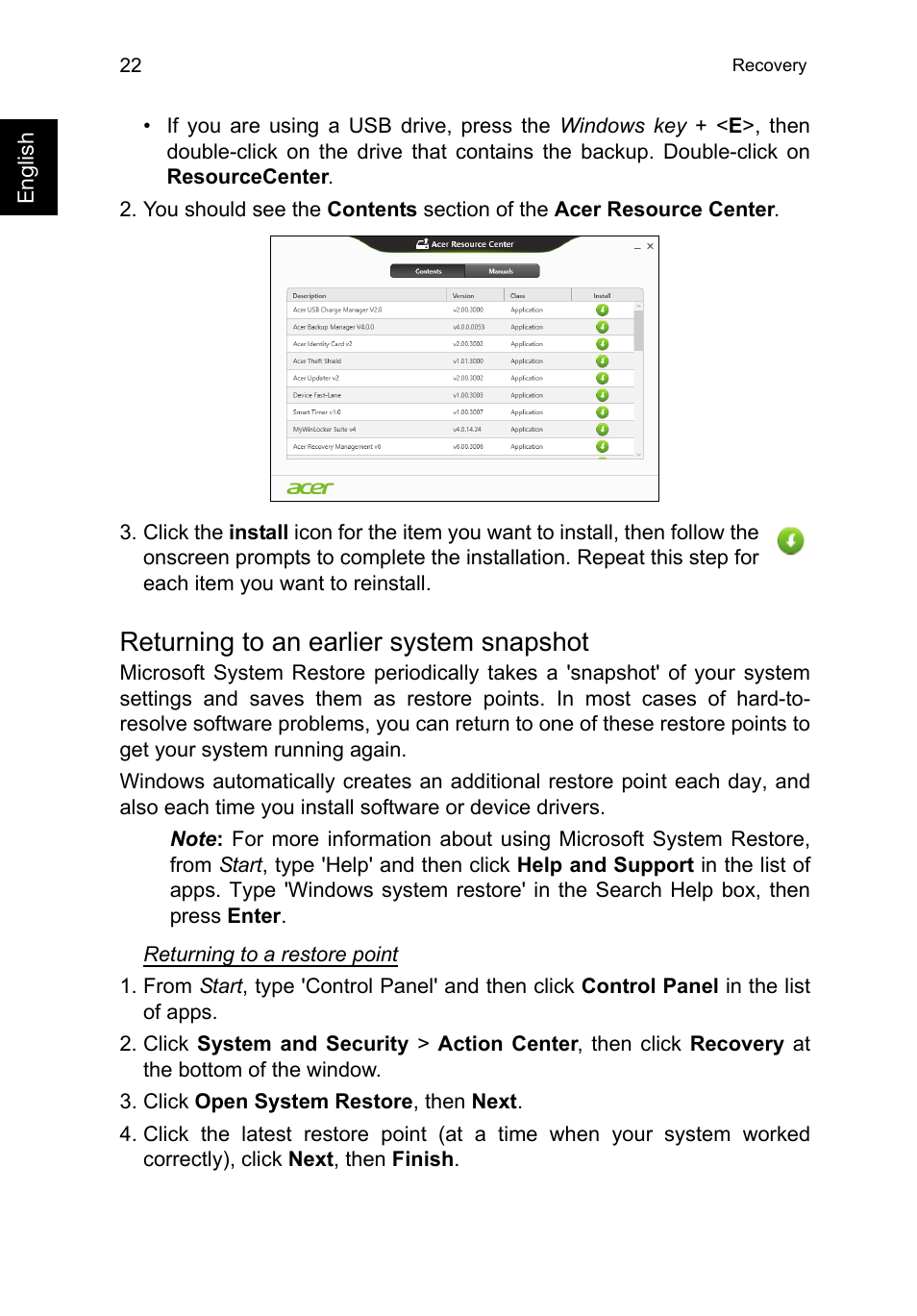 Returning to an earlier system snapshot | Acer TravelMate P273-M User Manual | Page 40 / 85