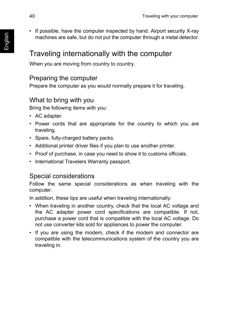 Traveling internationally with the computer, Preparing the computer, What to bring with you | Special considerations | Acer TravelMate P273-M User Manual | Page 58 / 85