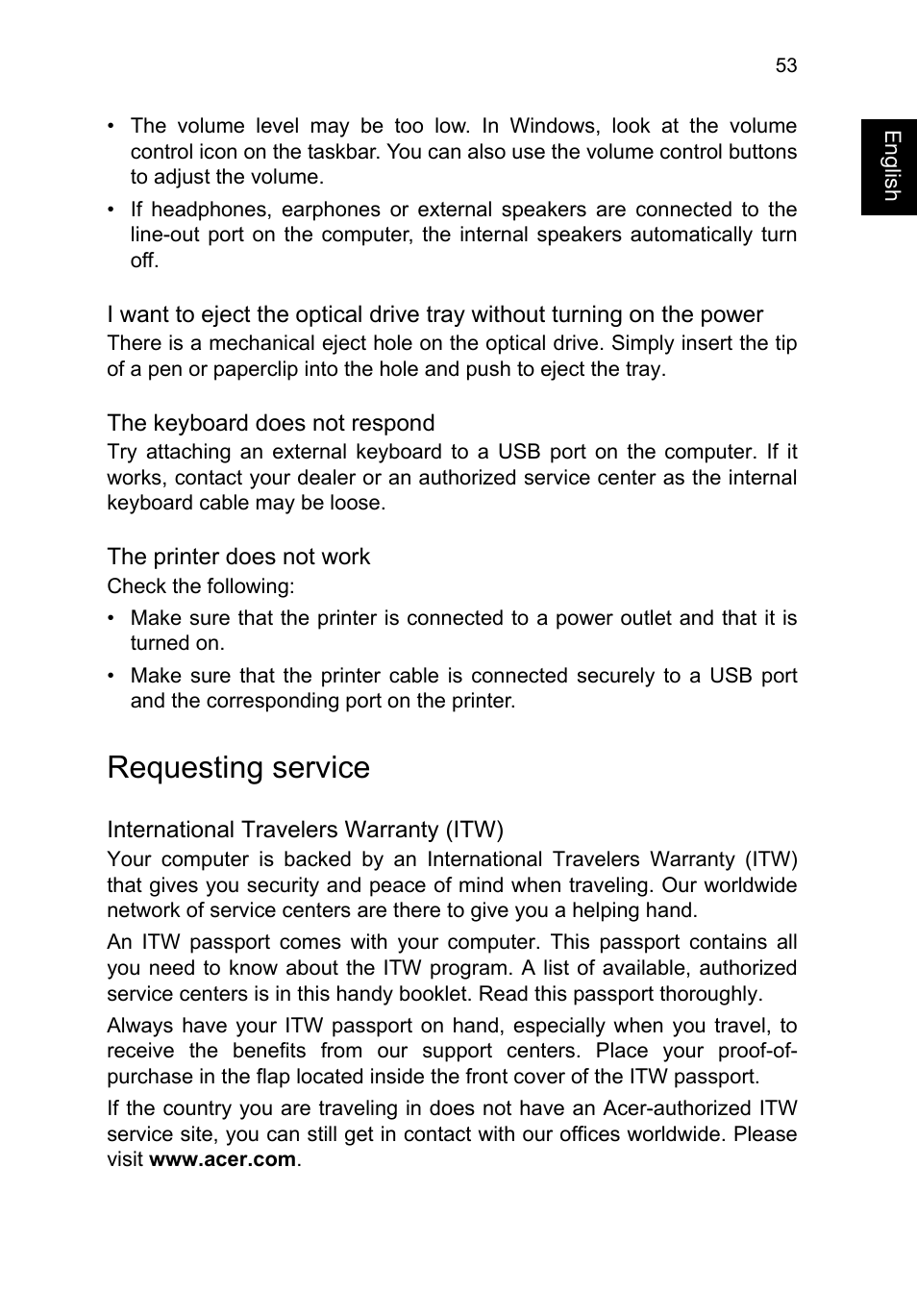 Requesting service, Troubleshooting | Acer TravelMate P273-M User Manual | Page 71 / 85