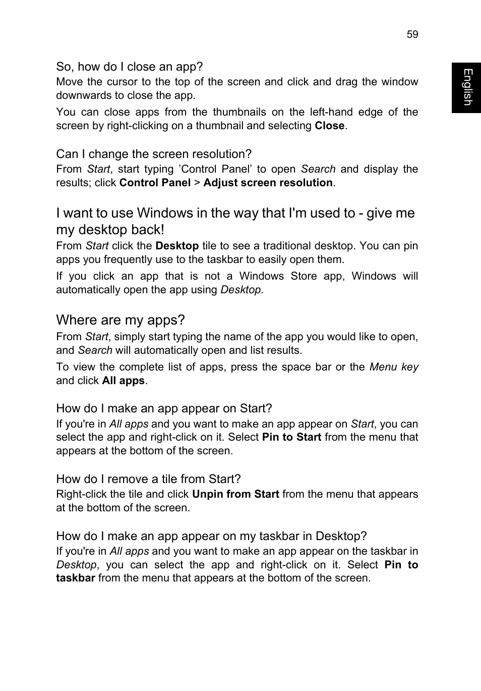 Where are my apps, Give me my desktop back, What is a microsoft id (account) | Acer TravelMate P273-M User Manual | Page 77 / 85