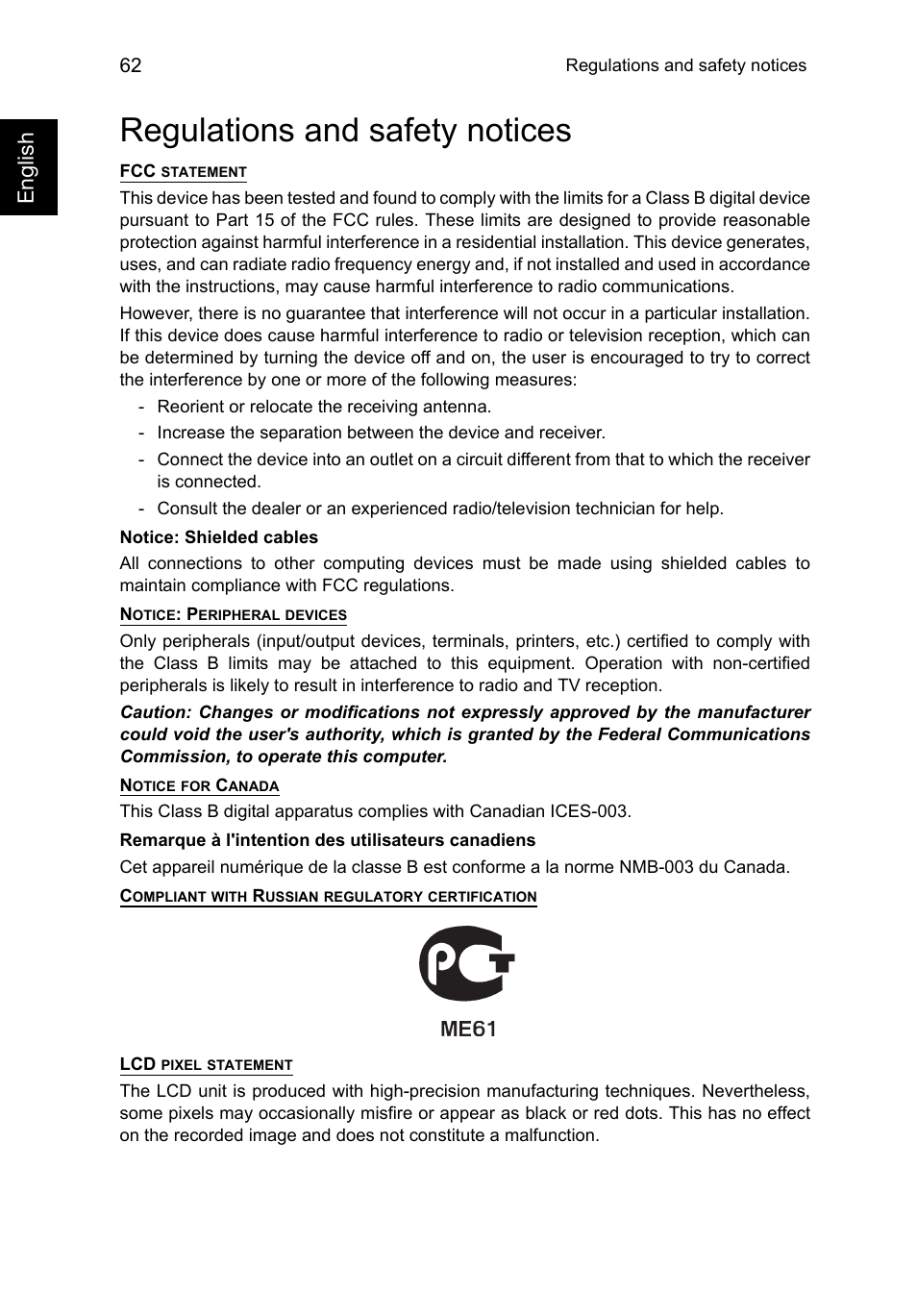 Regulations and safety notices, Englis h | Acer TravelMate P273-M User Manual | Page 80 / 85