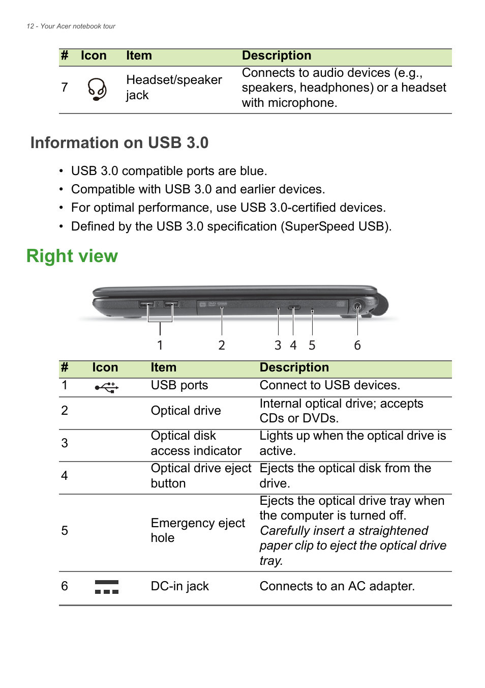 Information on usb 3.0, Right view | Acer TravelMate P255-MP User Manual | Page 12 / 97