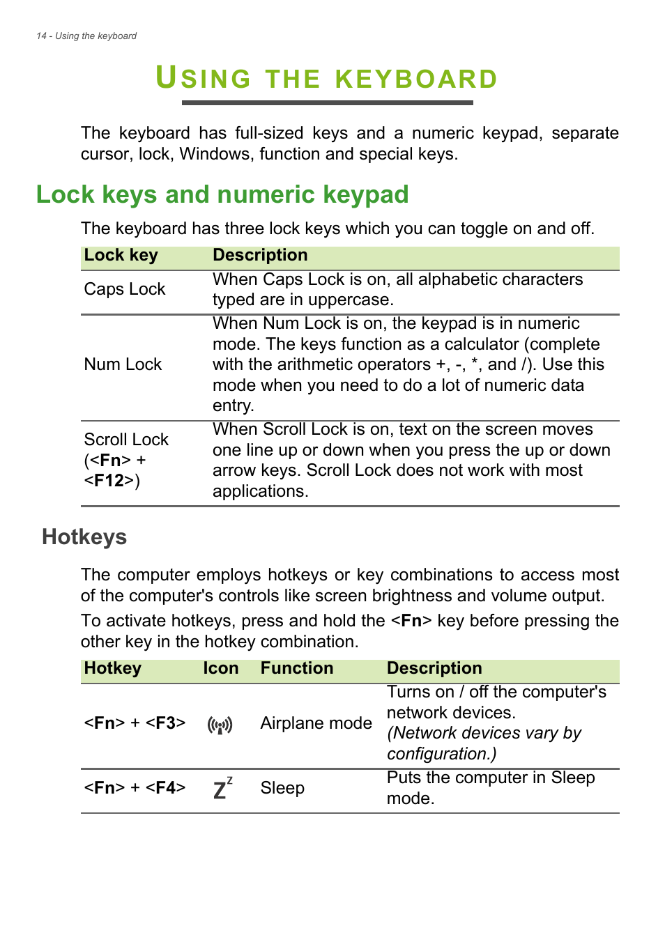 Using the keyboard, Lock keys and numeric keypad, Hotkeys | Sing, Keyboard | Acer TravelMate P255-MP User Manual | Page 14 / 97