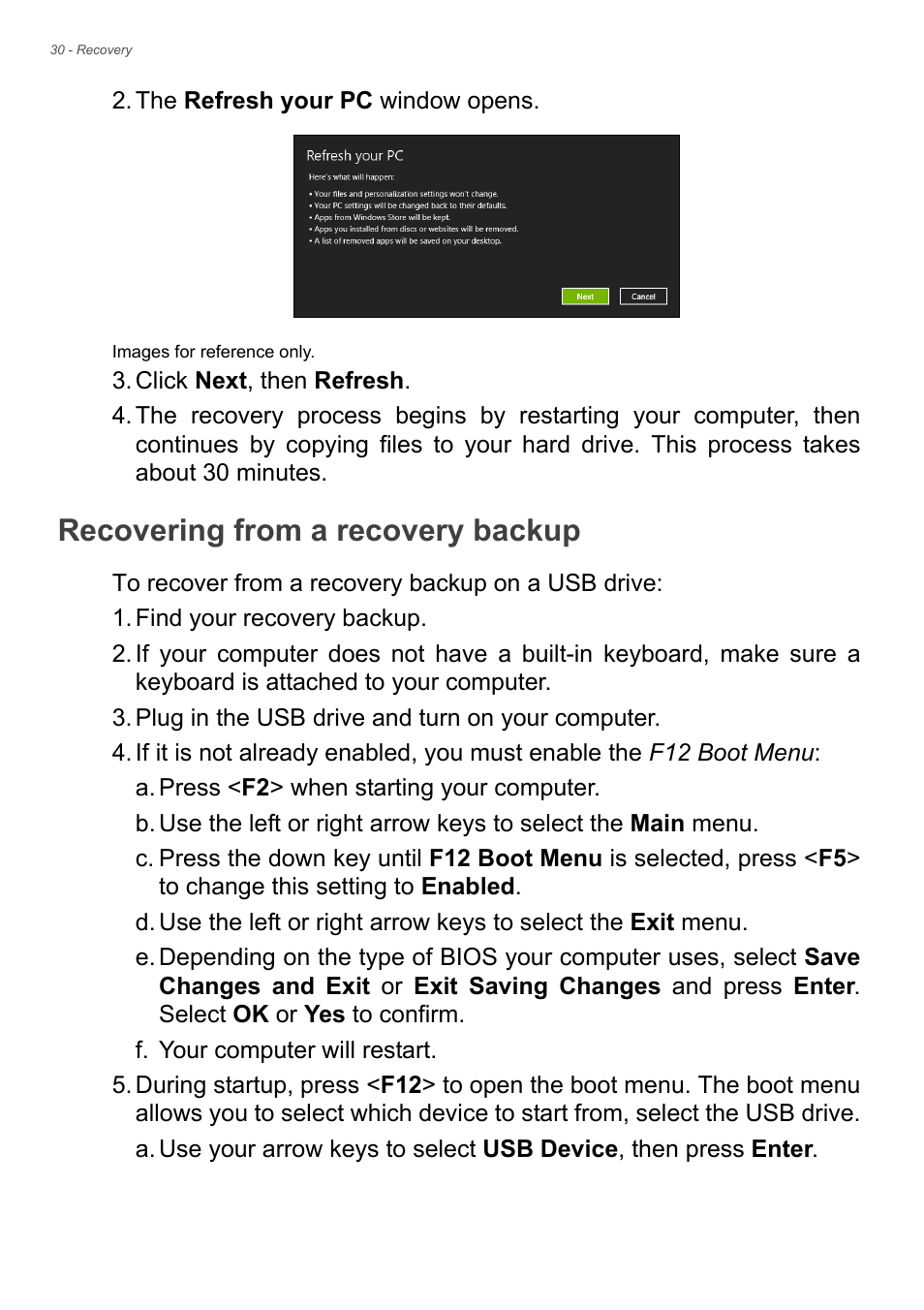 Recovering from a recovery backup | Acer TravelMate P255-MP User Manual | Page 30 / 97