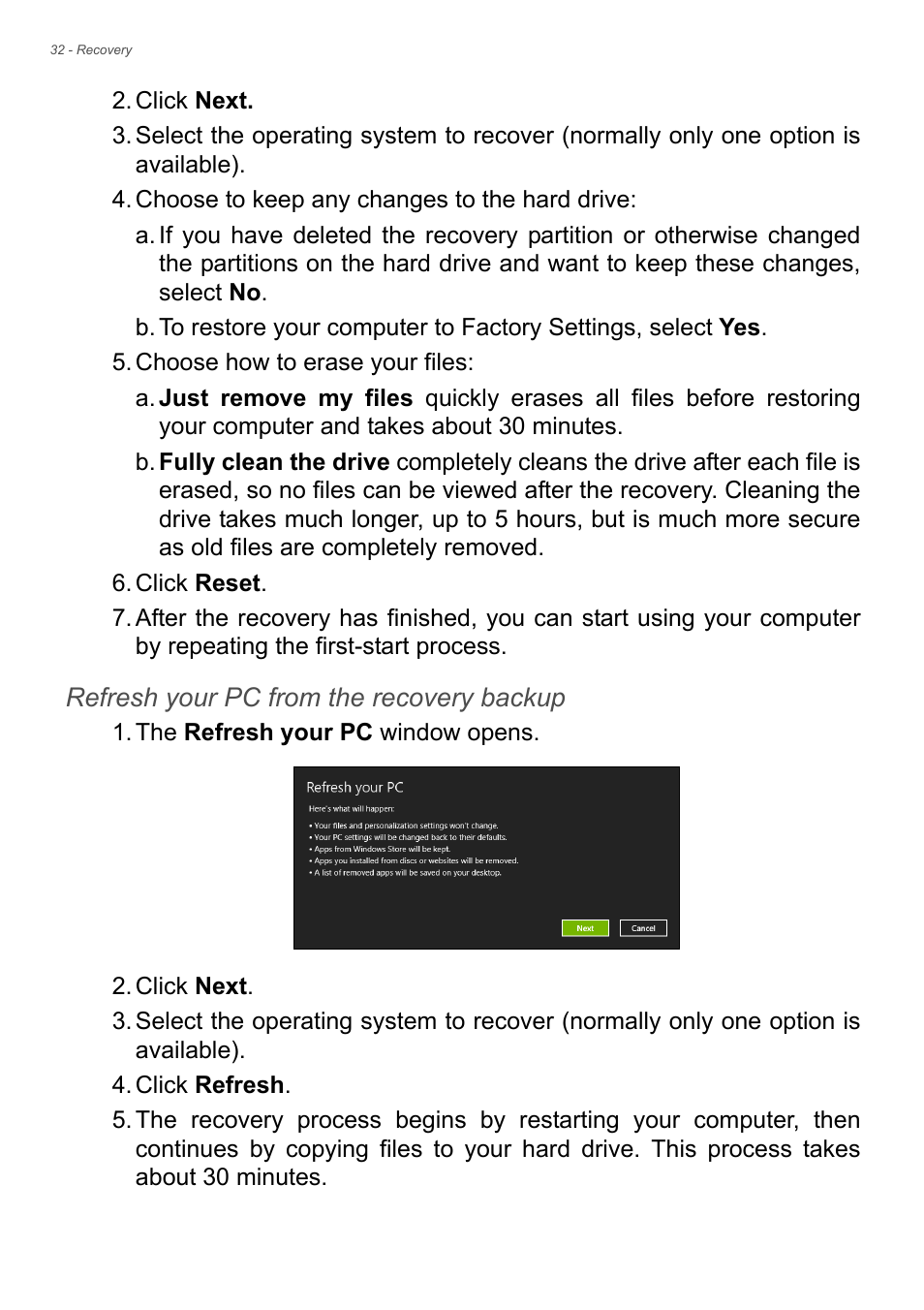 See refresh your pc from the | Acer TravelMate P255-MP User Manual | Page 32 / 97