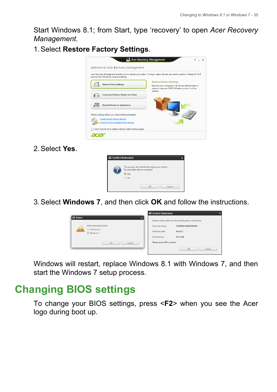 Changing bios settings | Acer TravelMate P255-MP User Manual | Page 35 / 97