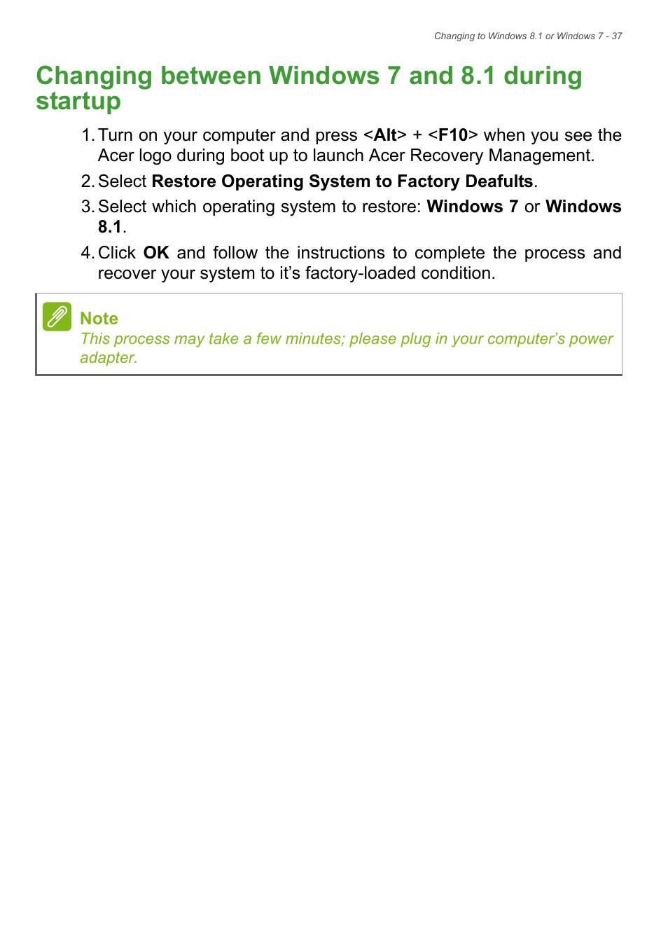 Changing between windows 7 and 8.1 during startup | Acer TravelMate P255-MP User Manual | Page 37 / 97