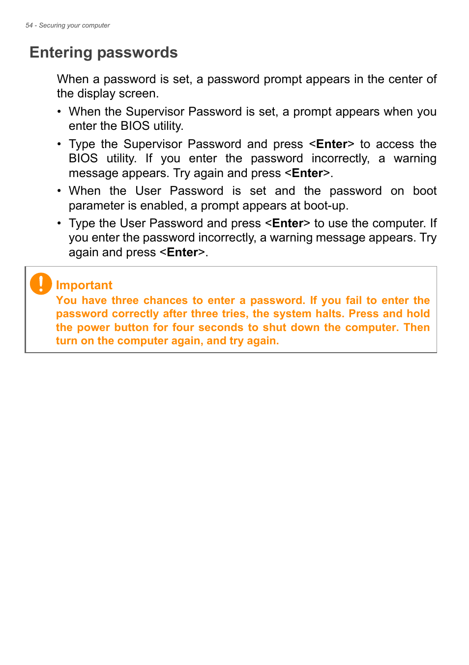 Entering passwords | Acer TravelMate P255-MP User Manual | Page 54 / 97