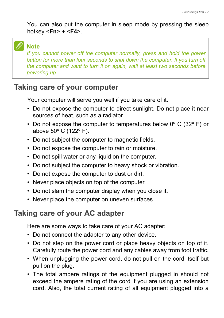 Taking care of your computer, Taking care of your ac adapter | Acer TravelMate P255-MP User Manual | Page 7 / 97