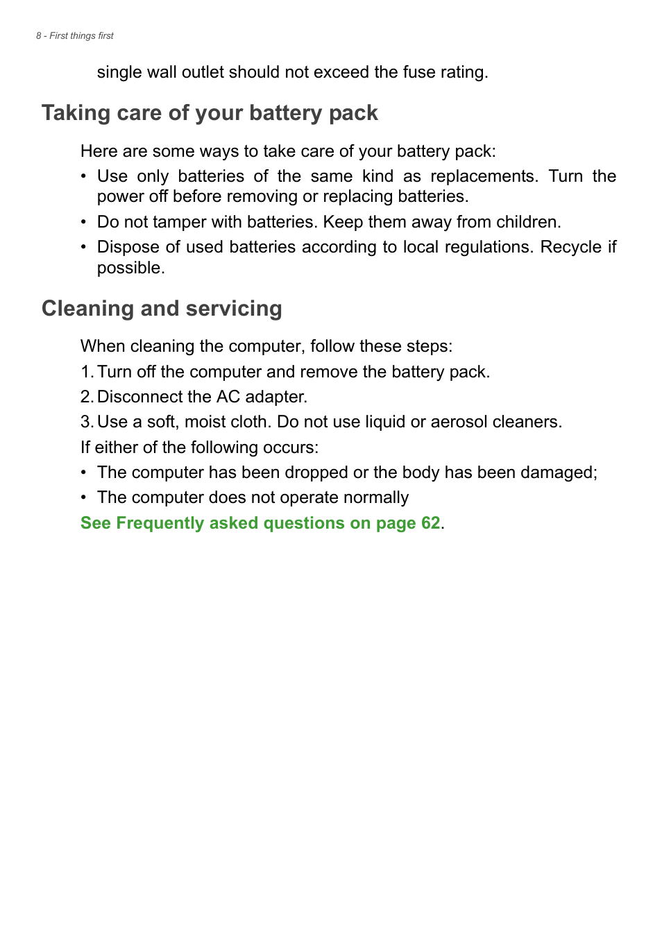 Taking care of your battery pack, Cleaning and servicing | Acer TravelMate P255-MP User Manual | Page 8 / 97