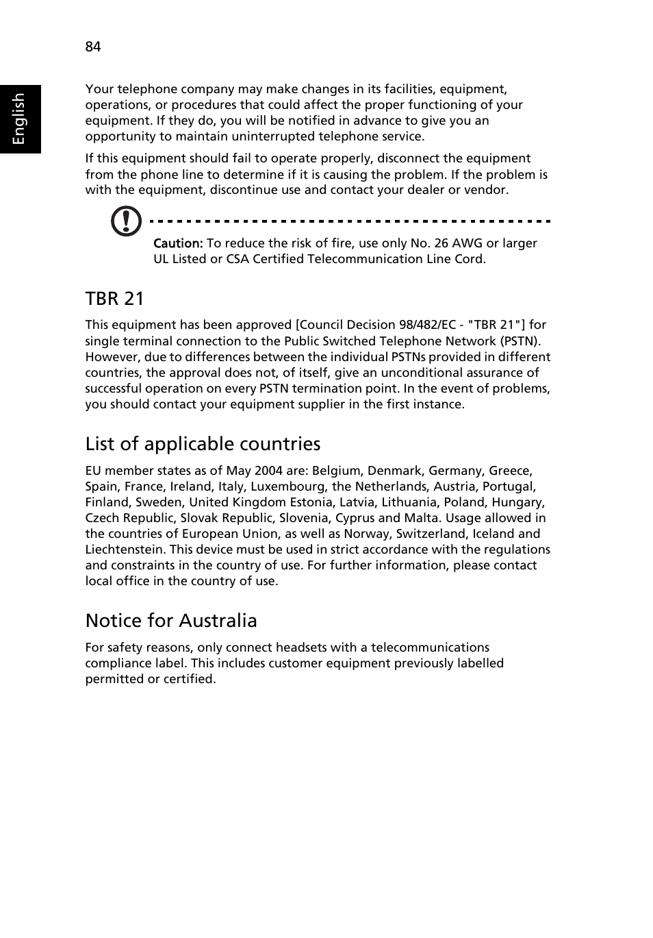 Tbr 21, List of applicable countries, Notice for australia | Acer Aspire 4520 User Manual | Page 102 / 113