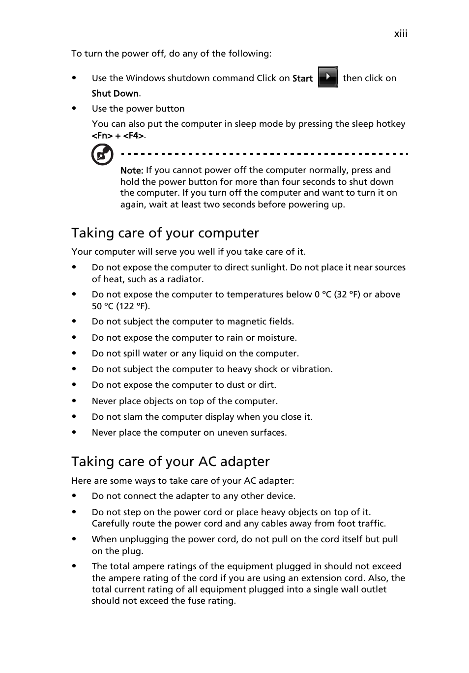 Taking care of your computer, Taking care of your ac adapter | Acer Aspire 4520 User Manual | Page 13 / 113