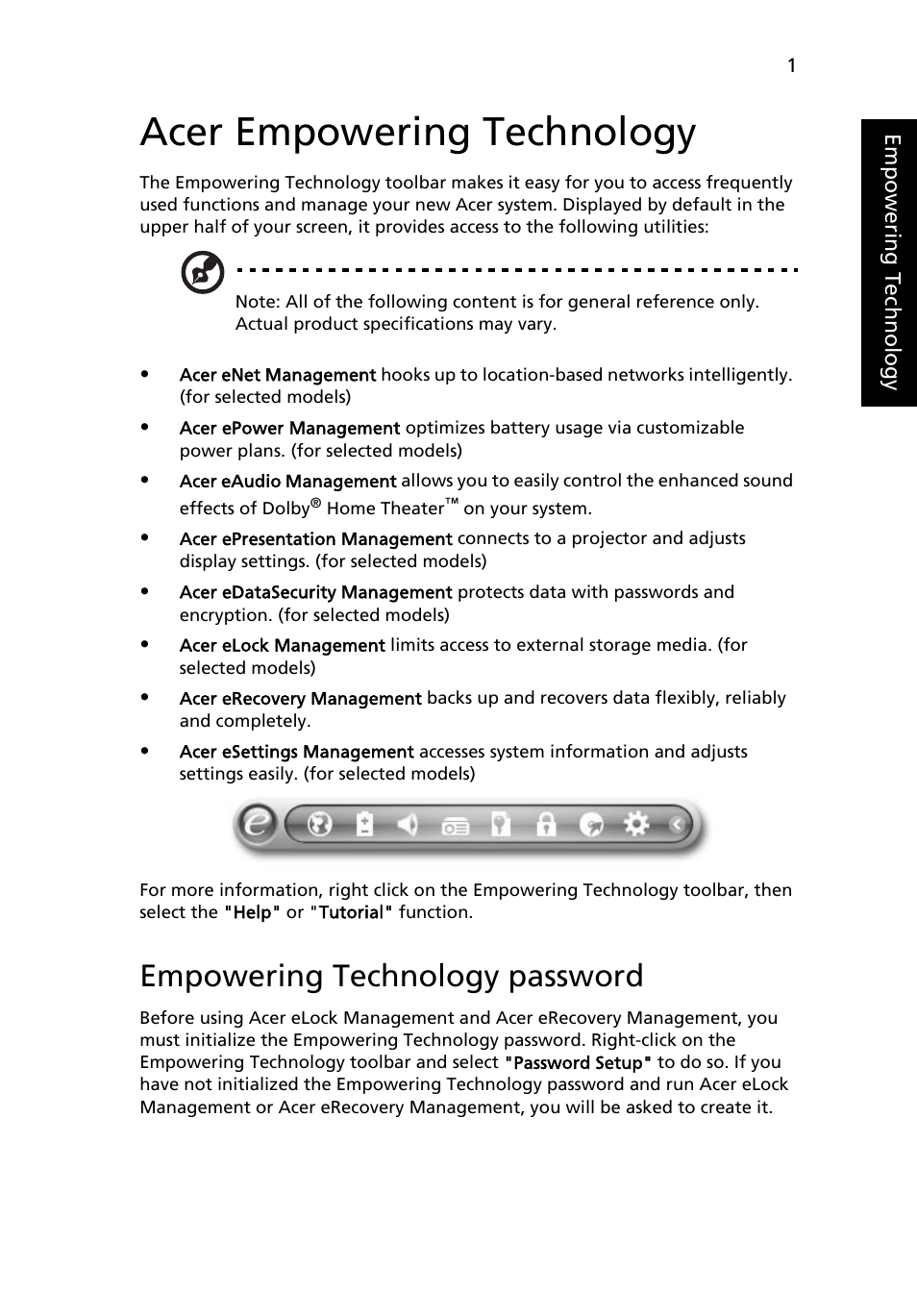 Acer empowering technology, Empowering technology password | Acer Aspire 4520 User Manual | Page 19 / 113