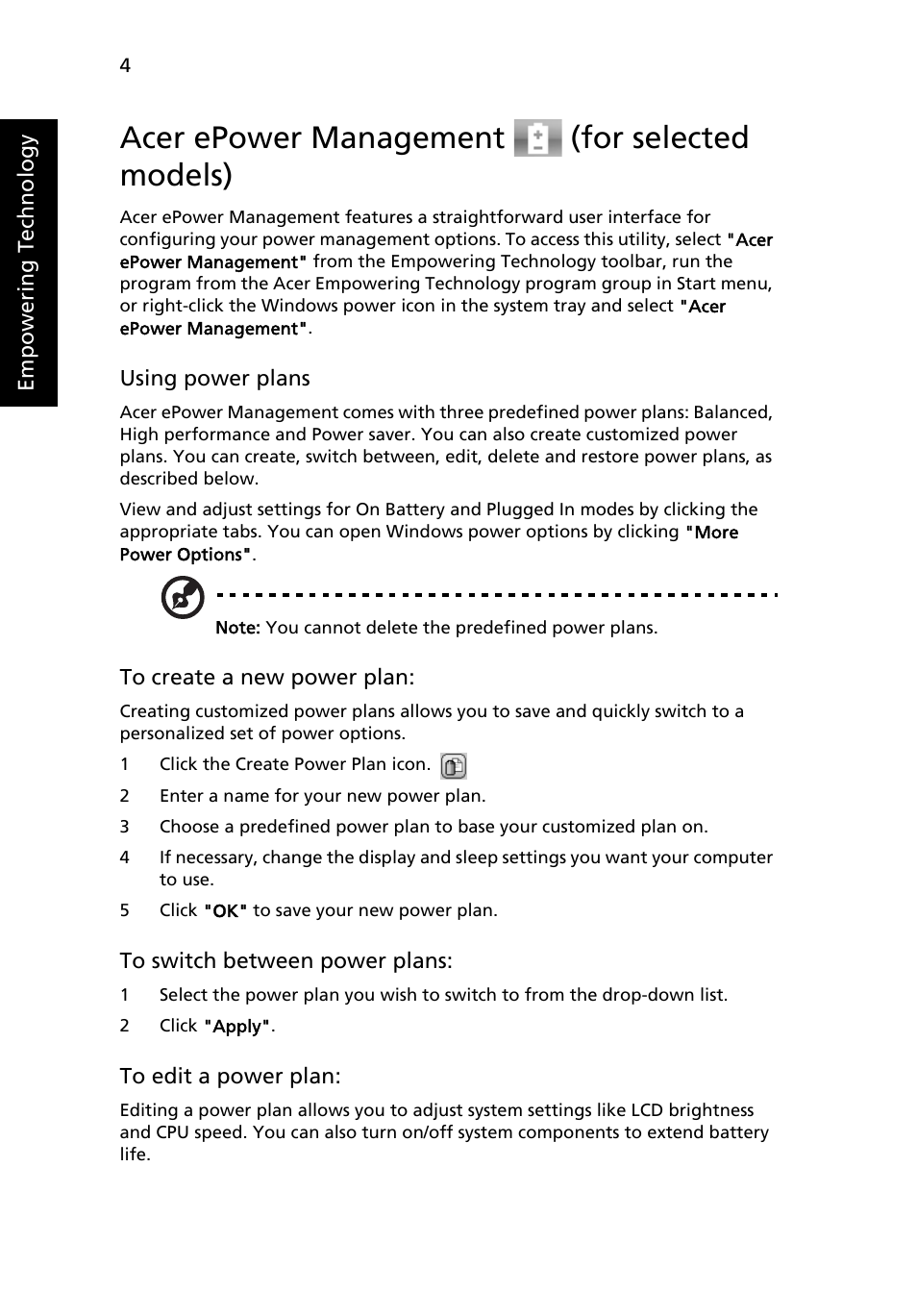 Acer epower management (for selected models) | Acer Aspire 4520 User Manual | Page 22 / 113