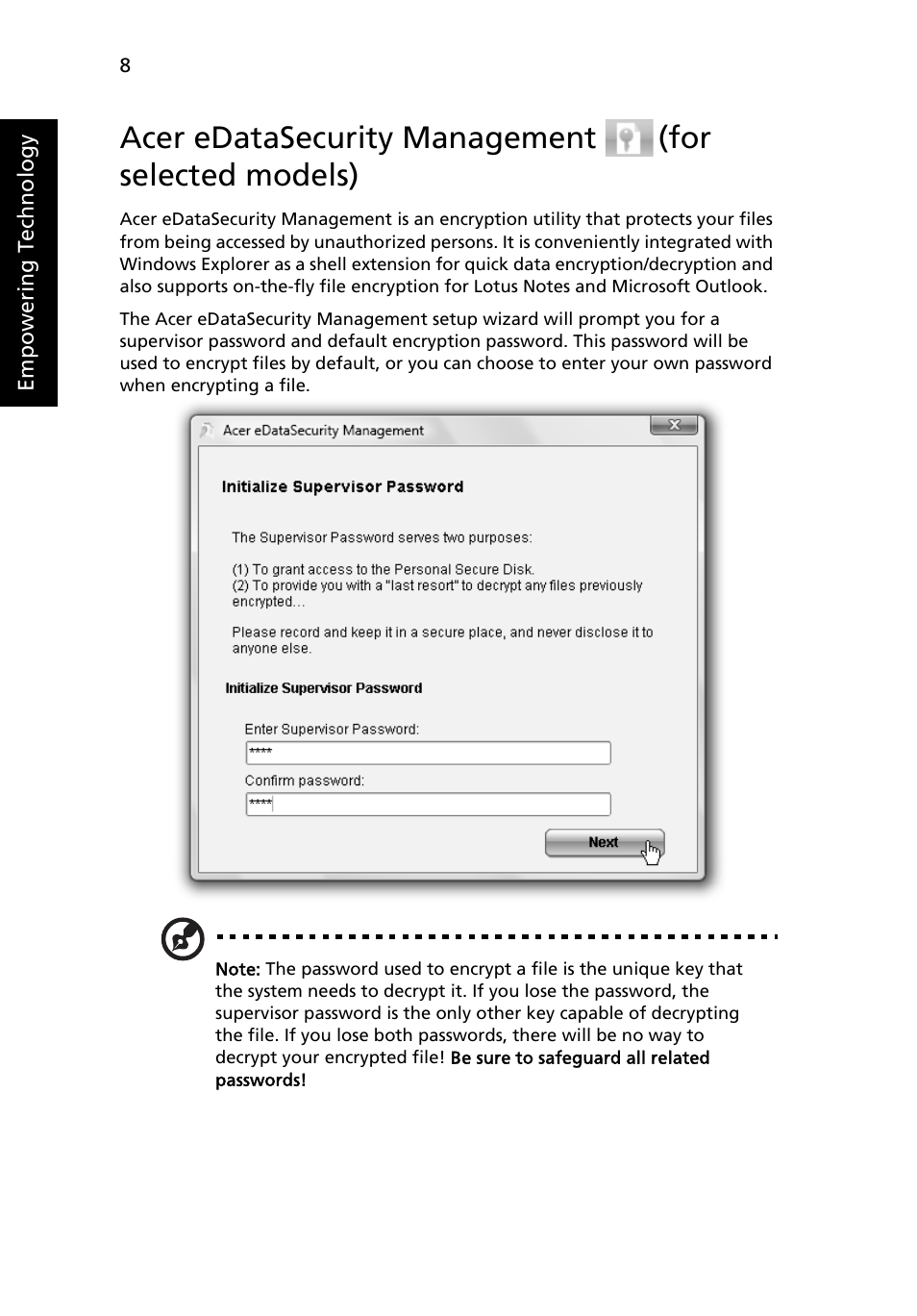 Acer edatasecurity management, For selected models) | Acer Aspire 4520 User Manual | Page 26 / 113