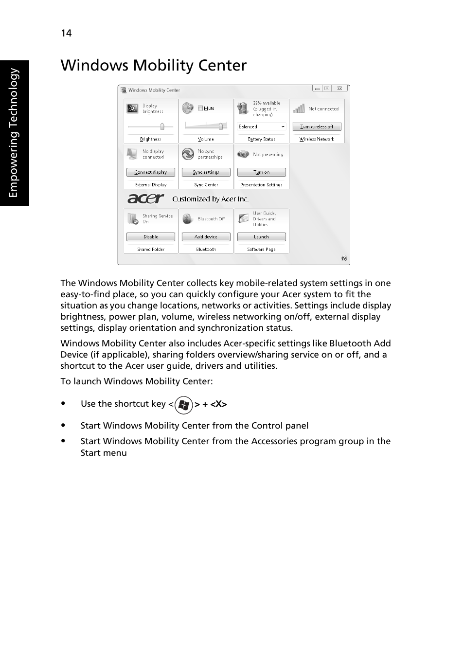 Windows mobility center | Acer Aspire 4520 User Manual | Page 32 / 113