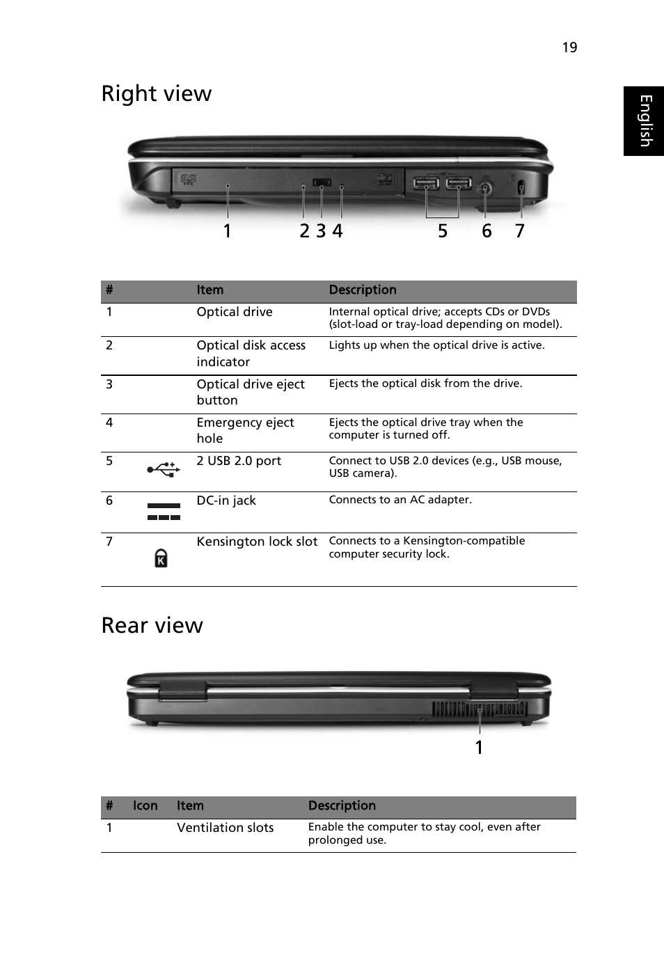 Right view, Rear view, Right view rear view | Eng lis h | Acer Aspire 4520 User Manual | Page 37 / 113