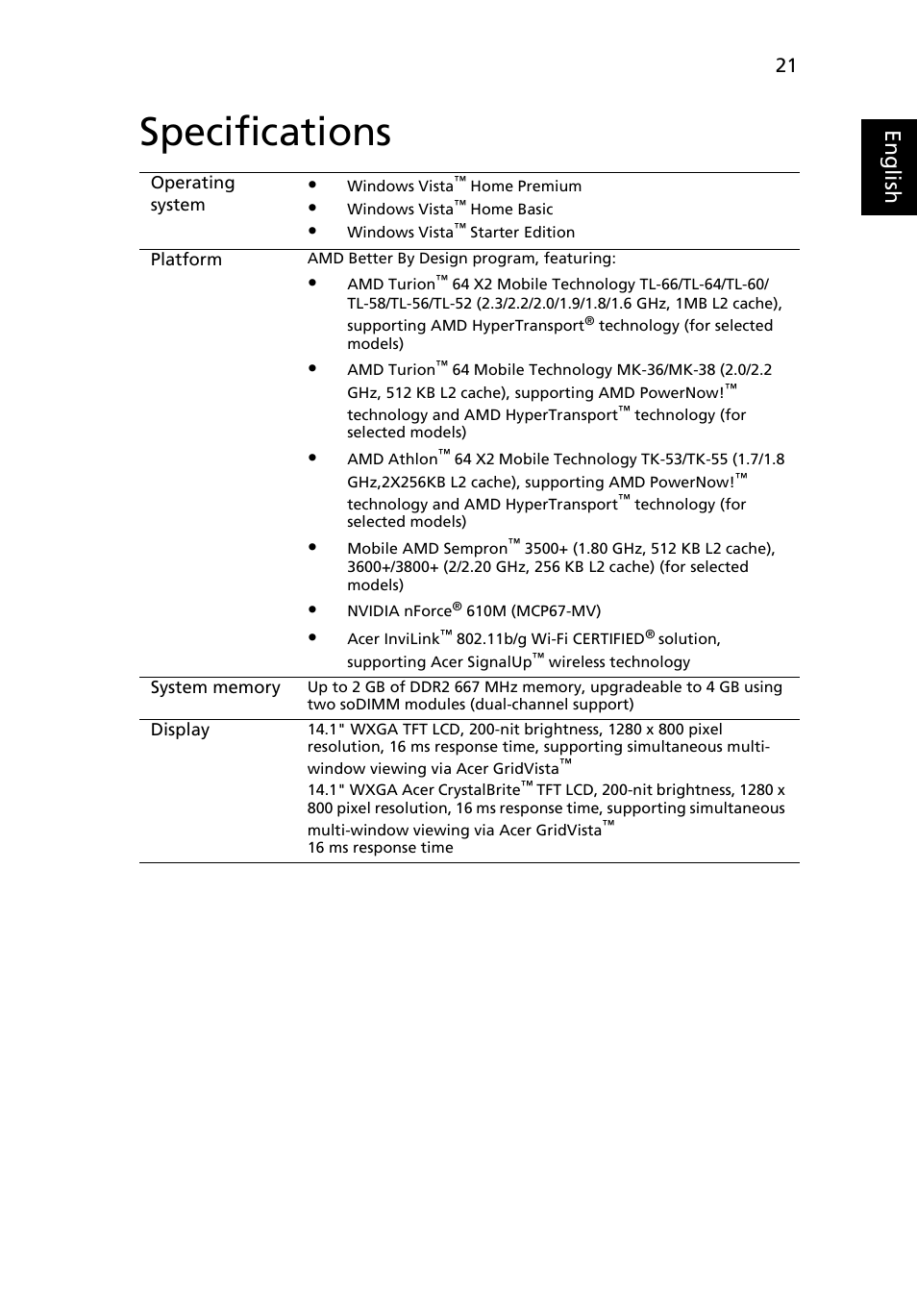 Specifications, Eng lis h | Acer Aspire 4520 User Manual | Page 39 / 113