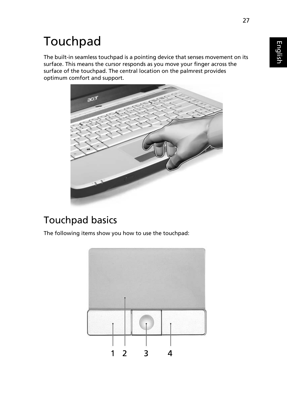 Touchpad, Touchpad basics | Acer Aspire 4520 User Manual | Page 45 / 113