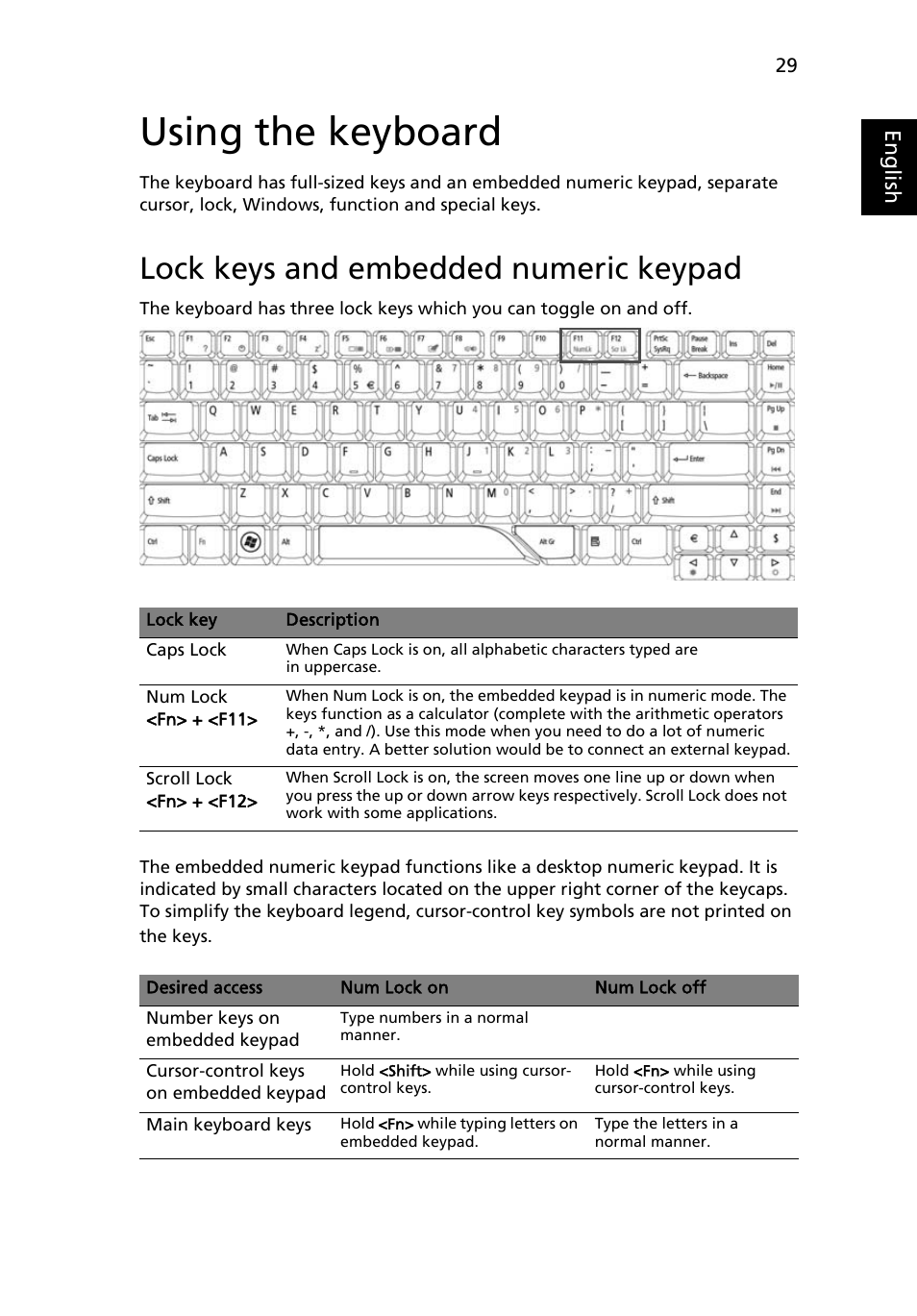 Using the keyboard, Lock keys and embedded numeric keypad | Acer Aspire 4520 User Manual | Page 47 / 113