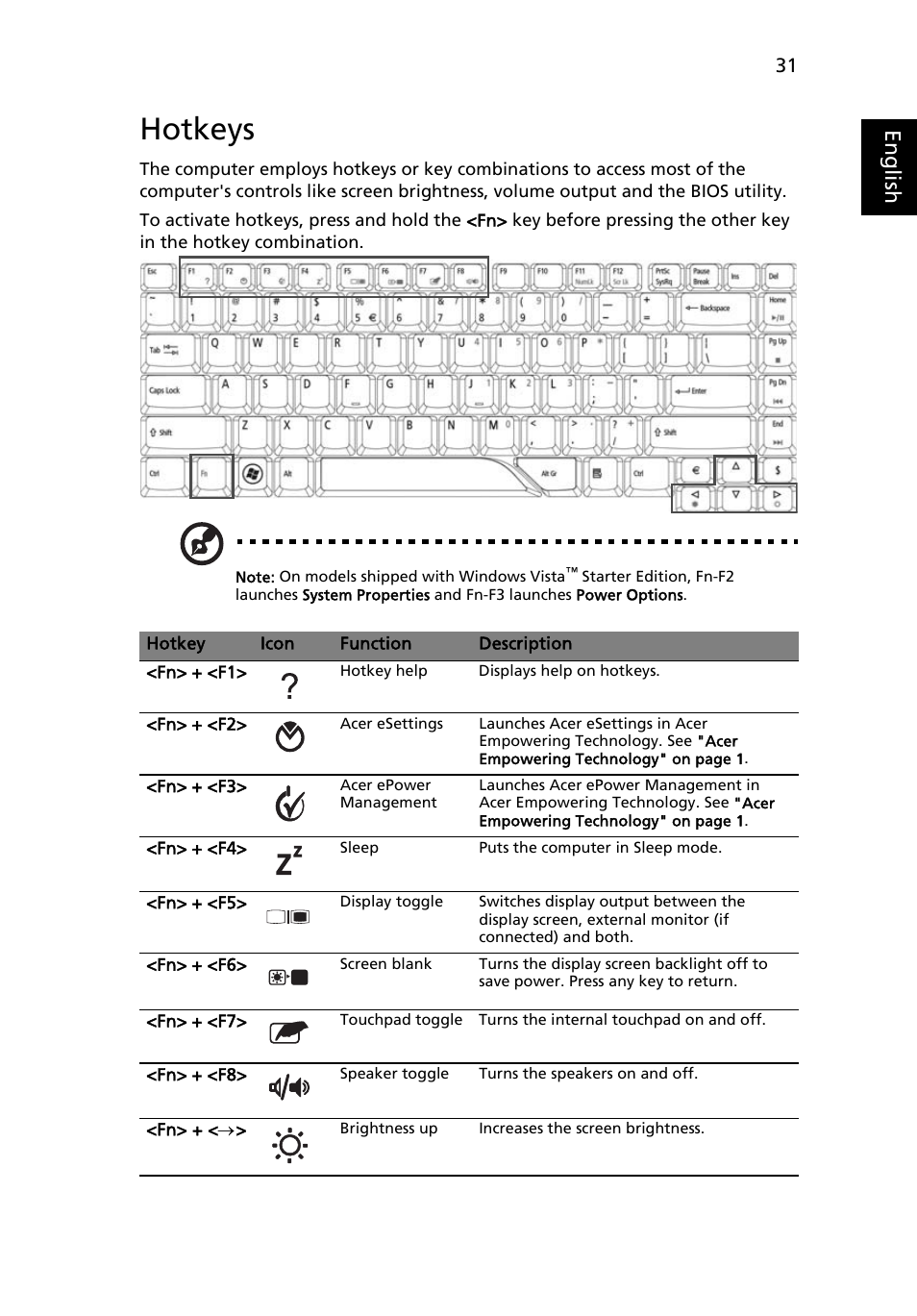 Hotkeys, Eng lis h | Acer Aspire 4520 User Manual | Page 49 / 113