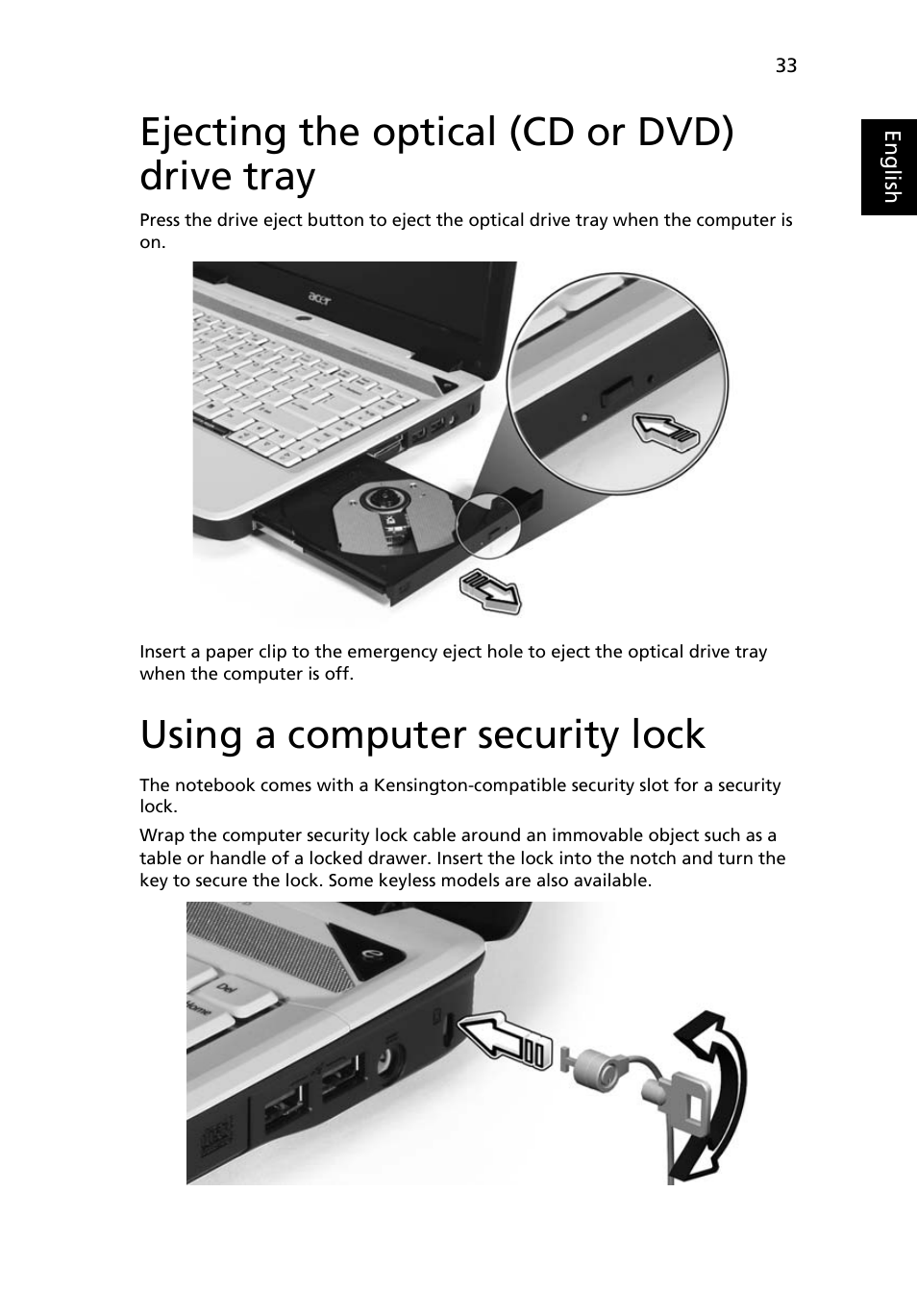 Ejecting the optical (cd or dvd) drive tray, Using a computer security lock | Acer Aspire 4520 User Manual | Page 51 / 113