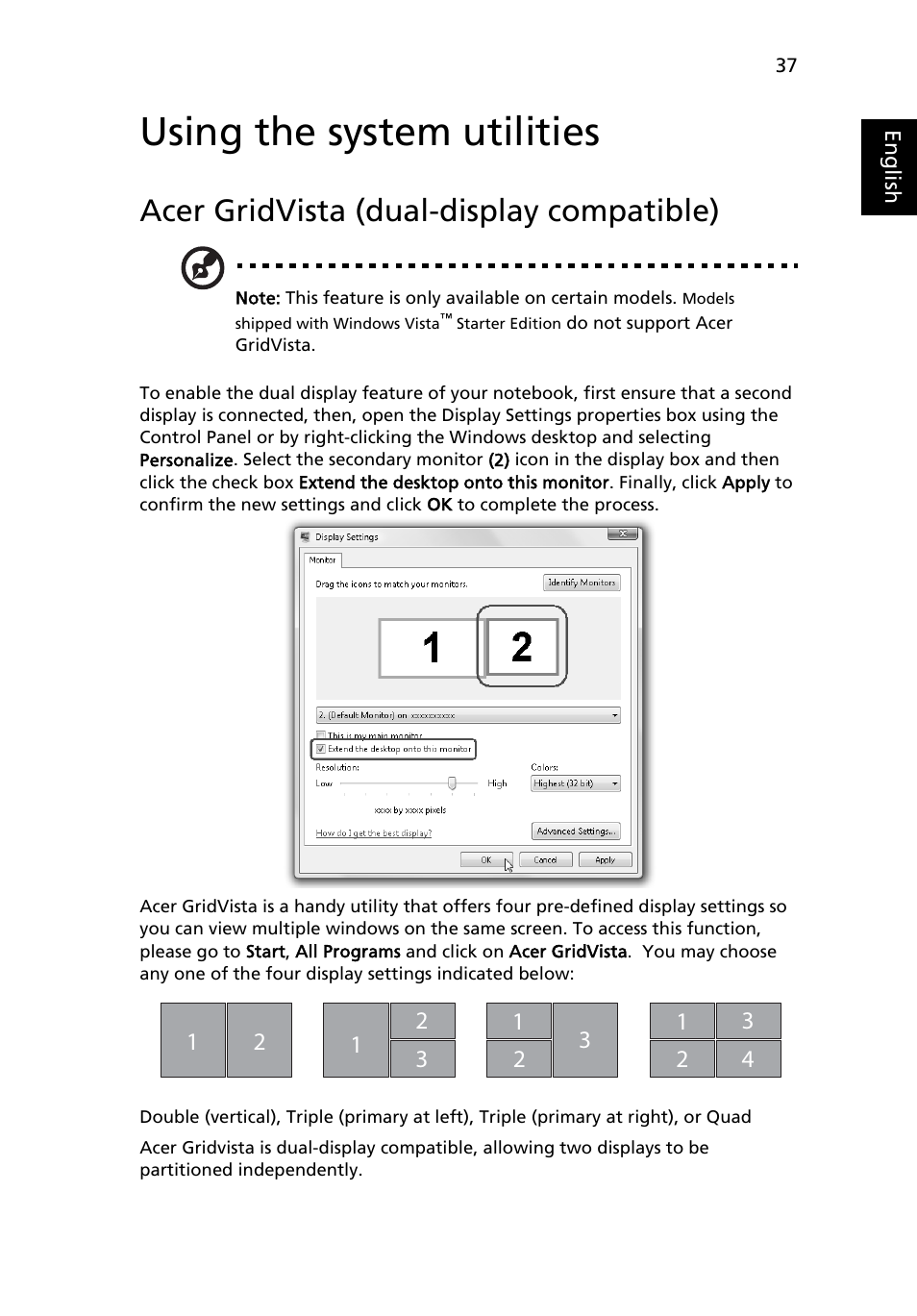 Using the system utilities, Acer gridvista (dual-display compatible) | Acer Aspire 4520 User Manual | Page 55 / 113