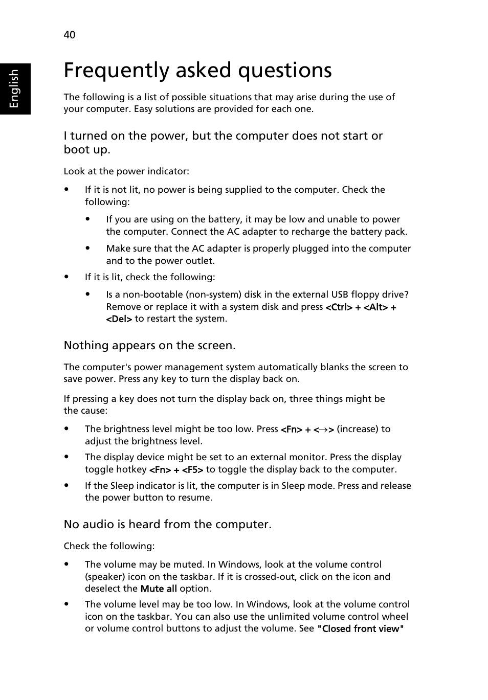 Frequently asked questions, Requesting service | Acer Aspire 4520 User Manual | Page 58 / 113