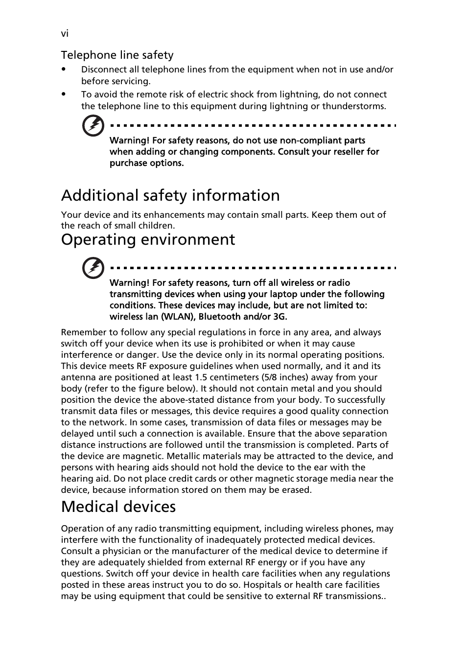 Additional safety information, Operating environment, Medical devices | Acer Aspire 4520 User Manual | Page 6 / 113