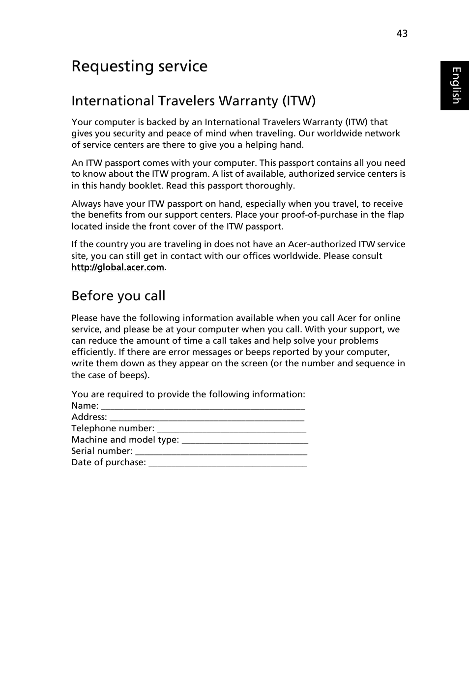 Requesting service, International travelers warranty (itw), Before you call | Battery pack | Acer Aspire 4520 User Manual | Page 61 / 113