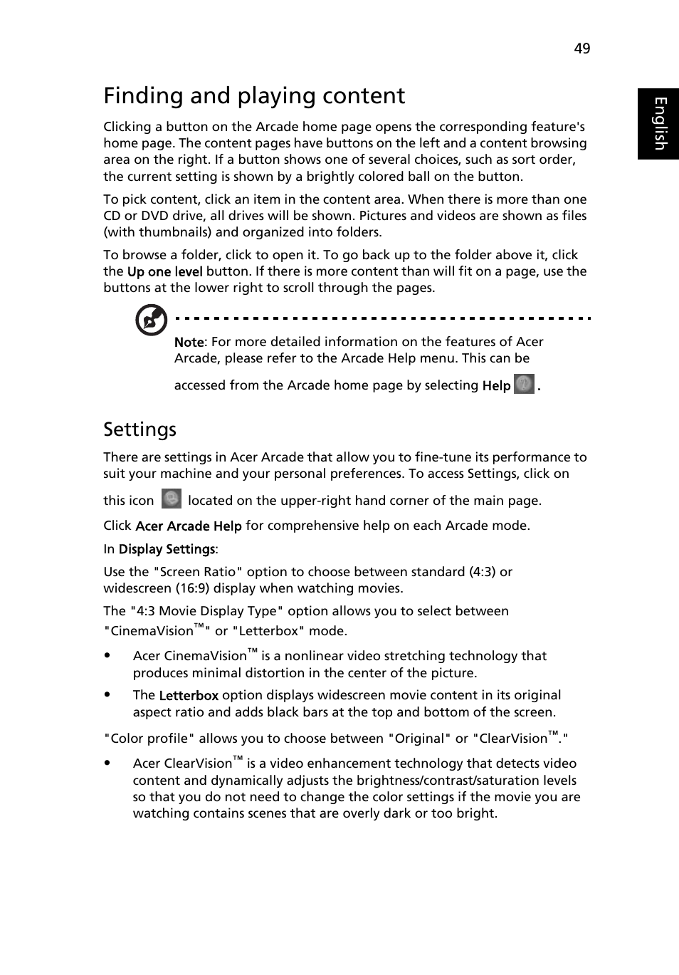 Finding and playing content, Settings, Arcade controls | Acer Aspire 4520 User Manual | Page 67 / 113